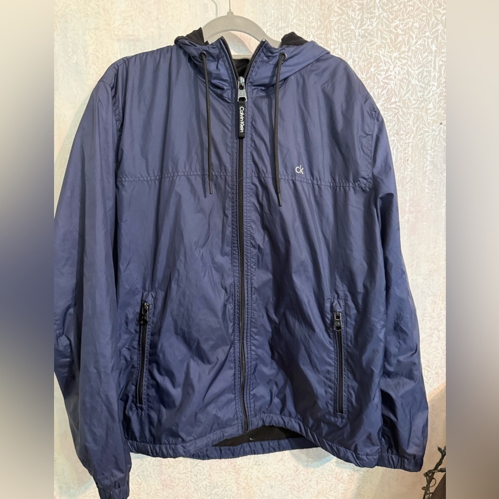 Calvin Klein Dark Blue, Fleece Lined, Hooded Windbreaker Jacket, Sz Lg